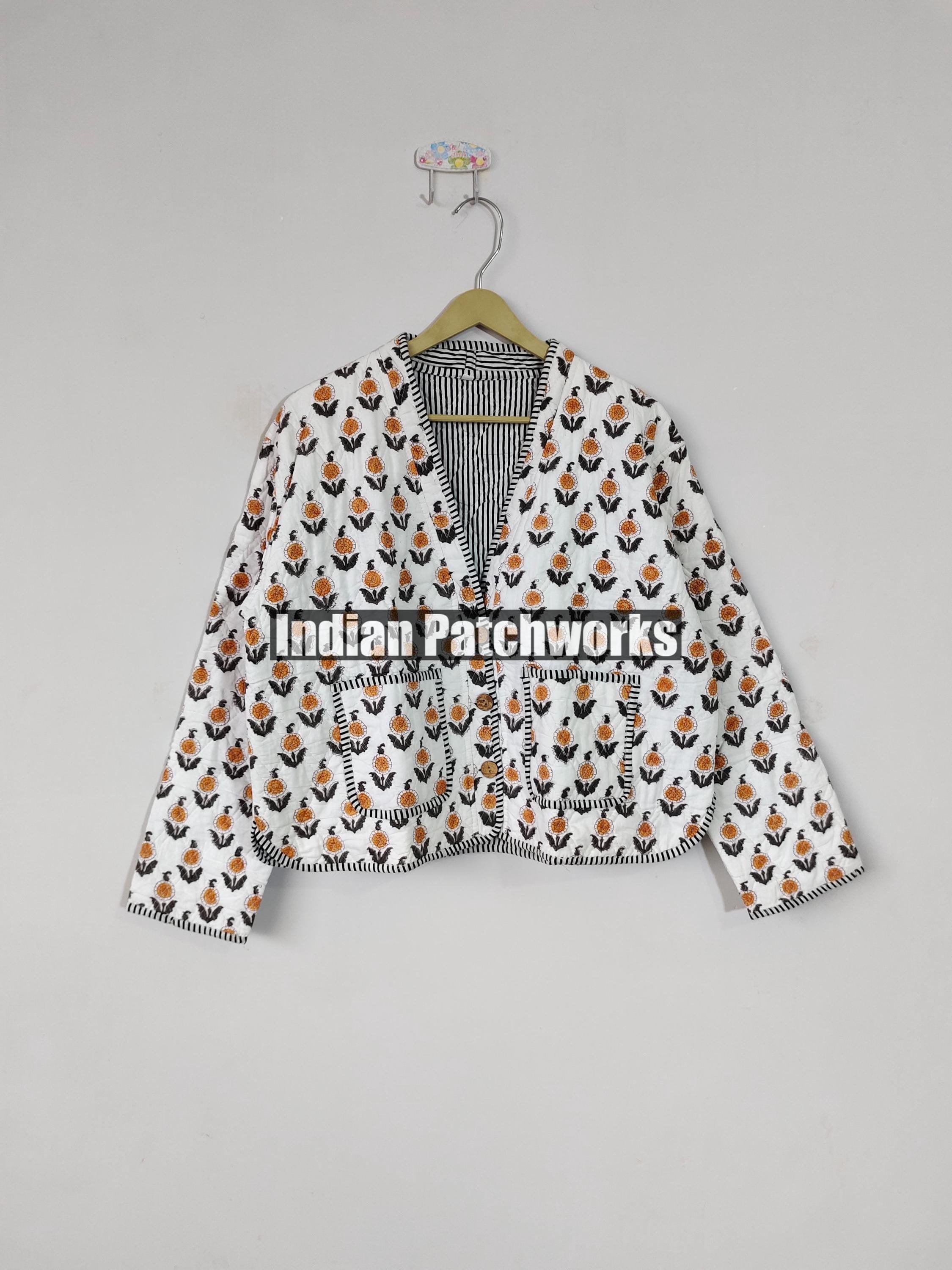 Handmade Indian Patchwork Quilted Cotton Jacket: Boho Block Print