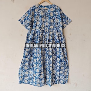 Mi-longue en coton indien doux avec imprimé blocs de main, Robe longue à imprimé floral pour tenue de soirée, Robe en voile de coton, Robe en coton bio, Robe mi-longue à volants