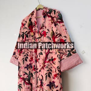 Bird Print Velvet Kimono Robe: Cotton Blend Morning Coat