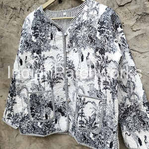 Quilted Jacket Short kimono Women Wear New Style Black and white Flower Coat Indian Hand Block Print Fabric image 5