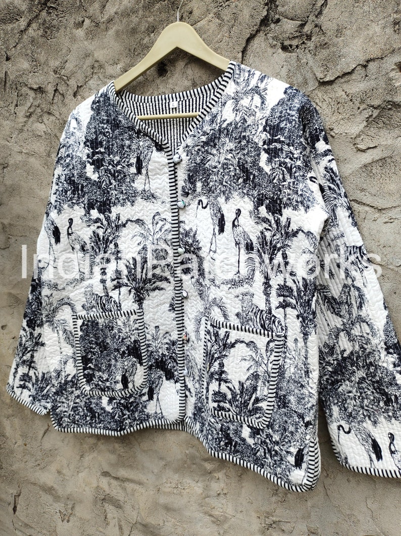 Quilted Jacket Short kimono Women Wear New Style Black and white Flower Coat Indian Hand Block Print Fabric image 5