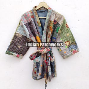 Baumwolle Patchwork Kantha Kimono Handstickerei Khambadia Kimono Jacke | Patchwork Kimono aus Baumwolle | Kimono-Jacke | Unisex Kantha Hausmantel
