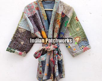 Cotton Patchwork Kantha Kimono Hand Embroidery Khambadia Kimono Jacket| Patchwork Cotton Kimono | Kimono Jacket | Unisex Kantha HouseRobe