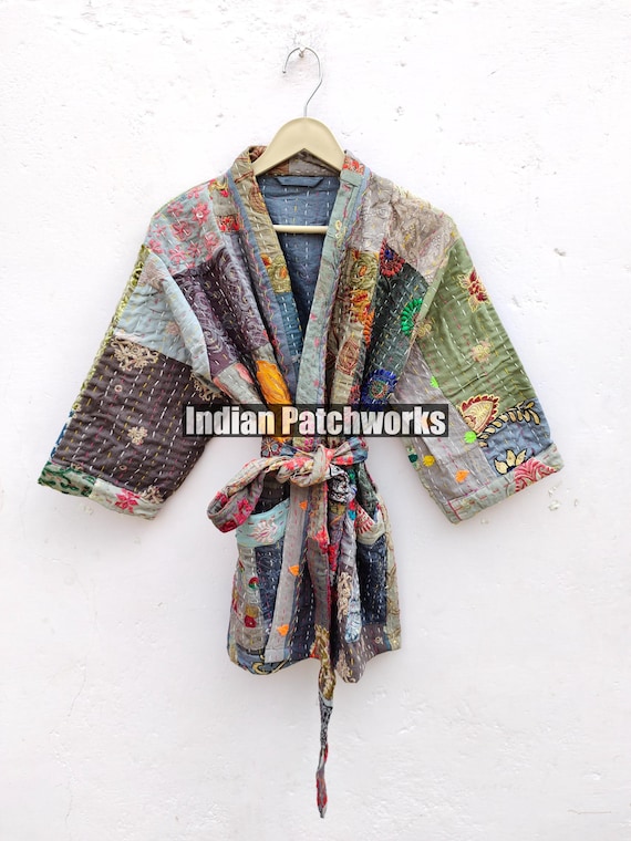 Cotton Patchwork Kantha Kimono Hand Embroidery Khambadia Kimono Jacket| Patchwork Cotton Kimono | Kimono Jacket | Unisex Kantha HouseRobe