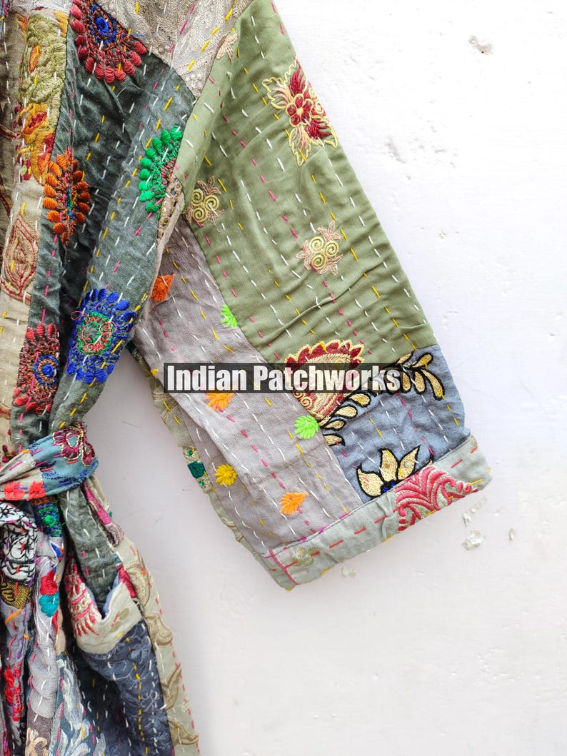 Cotton Patchwork Kantha Kimono Hand Embroidery Khambadia Kimono Jacket| Patchwork Cotton Kimono | Kimono Jacket | Unisex Kantha HouseRobe image 5