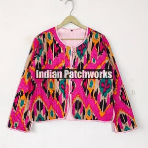 Strip Piping New Printed Cotton Quilted Jacket, New Ikat Printed Cotton Jacket, Handmade Vintage Quilted Jacket, Party Wear Gift For Her