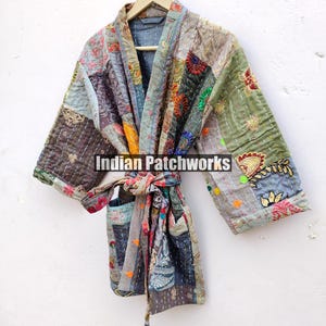 Cotton Patchwork Kantha Kimono Hand Embroidery Khambadia Kimono Jacket| Patchwork Cotton Kimono | Kimono Jacket | Unisex Kantha HouseRobe image 7