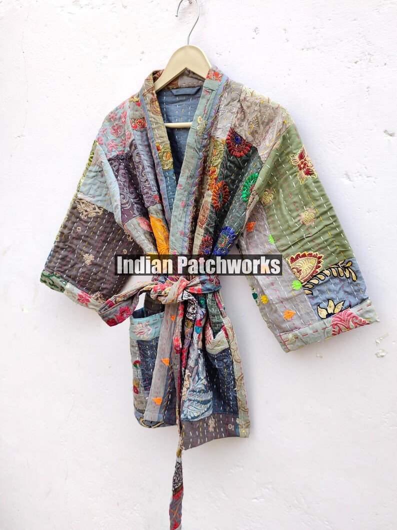Cotton Patchwork Kantha Kimono Hand Embroidery Khambadia Kimono Jacket| Patchwork Cotton Kimono | Kimono Jacket | Unisex Kantha HouseRobe image 7