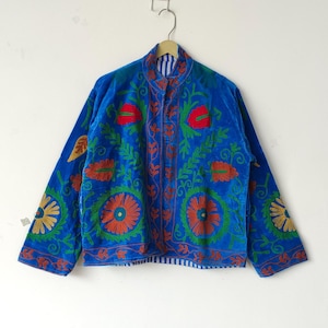 Bohemian Short Jacket, Blue Embroidered Jacket, Indian Suzani Jacket, Hippie Jacket, Luxurious Velvet Jacket, One size fits All