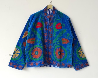Boho Kurze Jacke, Blaue bestickte Jacke, Indische Suzani Jacke, Hippie Jacke, Luxuriöse Samtjacke, Einheitsgröße