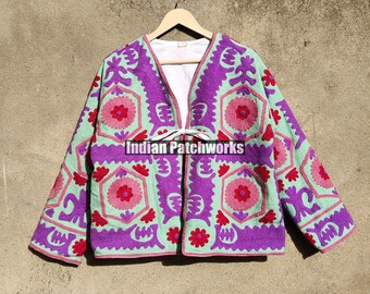 Giacca Suzani in tessuto TNT, vestaglia, regalo per lei, giacca ricamata Suzani fatta a mano, cappotto invernale, cappotto da donna, giacca corta Suzani