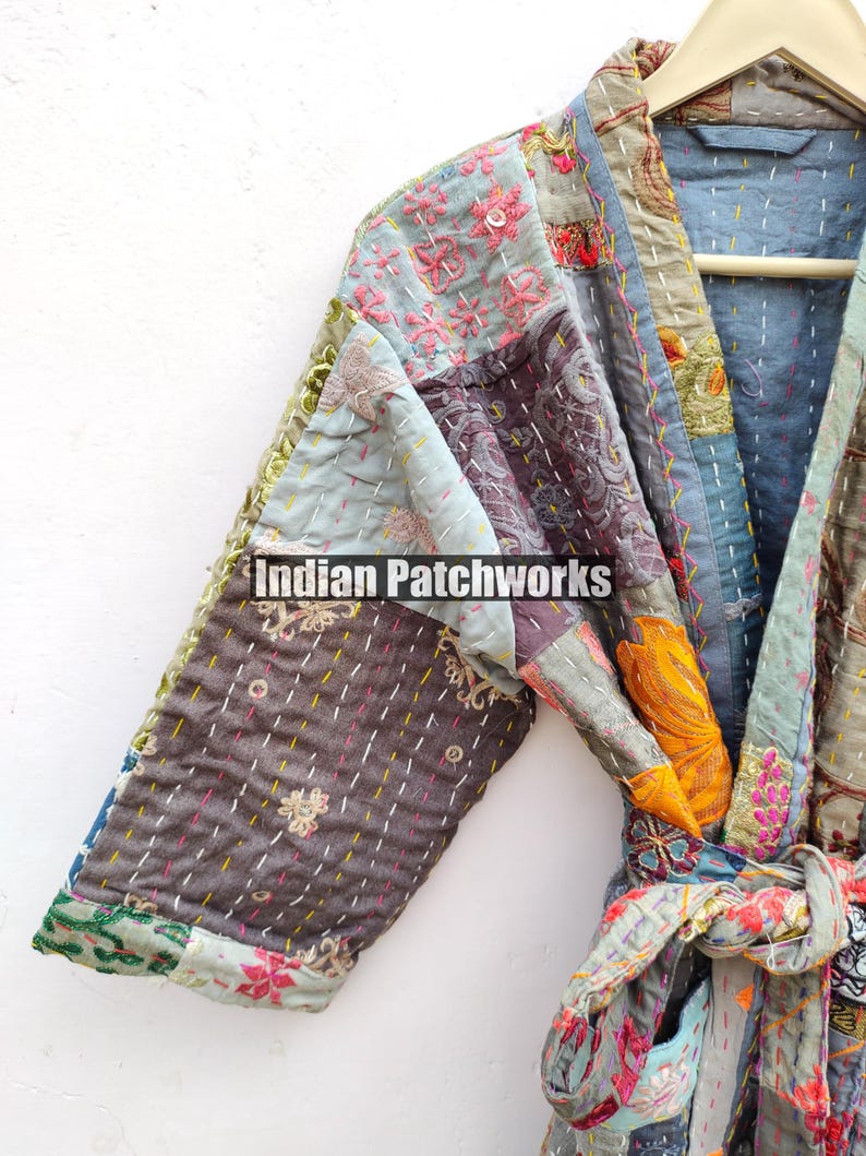 Cotton Patchwork Kantha Kimono Hand Embroidery Khambadia Kimono Jacket| Patchwork Cotton Kimono | Kimono Jacket | Unisex Kantha HouseRobe image 4