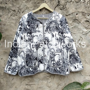 Quilted Jacket Short kimono Women Wear New Style Black and white Flower Coat Indian Hand Block Print Fabric image 3