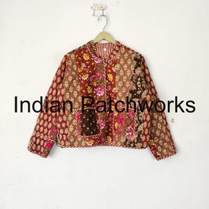 Reversible Patchwork Quilted Jacket, New Printed Handmade Cotton Jacket, Strip Piping Cotton Quilted Jacket, Party Wear Gift For Women&#39;s