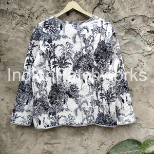 Quilted Jacket Short kimono Women Wear New Style Black and white Flower Coat Indian Hand Block Print Fabric image 2