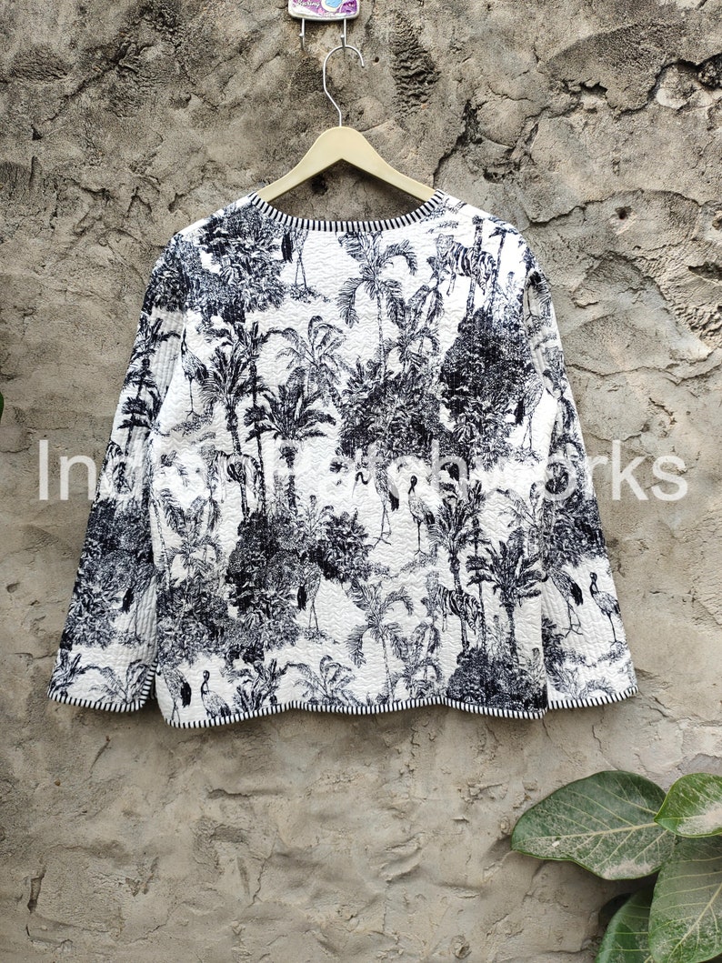 Quilted Jacket Short kimono Women Wear New Style Black and white Flower Coat Indian Hand Block Print Fabric image 2