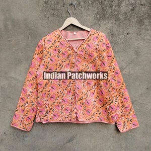 New Block print Jacket, Cotton Quilted Handmade Cotton Floral Jacket Reversible Strip Quilted Cotton Jacket Party Wear Gift For Women&#39;s