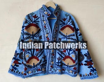 Chaqueta Suzani de algodón hecha a mano, abrigo acolchado con bordado bohemio para mujer, kimono estilo indio vintage, chaleco bohemio, regalo de otoño, chaqueta TNT