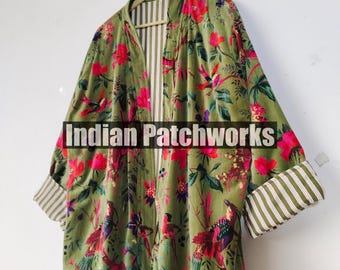 Green Bird Print Velvet Kimono Robes, Morning Tea Velvet Coat, Bridesmaid Robe, Women Wear Cotton Velvet robe, Velvet Jacket, Bridal Robe