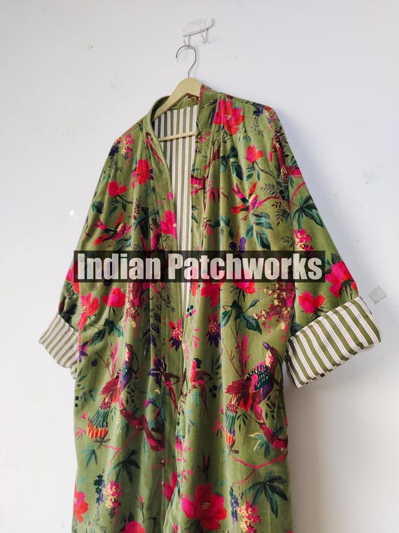 Green Bird Print Velvet Kimono Robes, Morning Tea Velvet Coat, Bridesmaid Robe, Women Wear Cotton Velvet robe, Velvet Jacket, Bridal Robe
