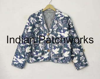 Cotton Quilted Handmade Cotton Floral Jacket New Printed Jacket, Reversible Strip Quilted Cotton Jacket Party Wear Gift For Women's