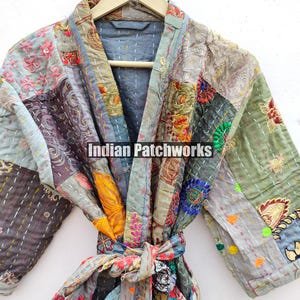 Cotton Patchwork Kantha Kimono Hand Embroidery Khambadia Kimono Jacket| Patchwork Cotton Kimono | Kimono Jacket | Unisex Kantha HouseRobe image 3