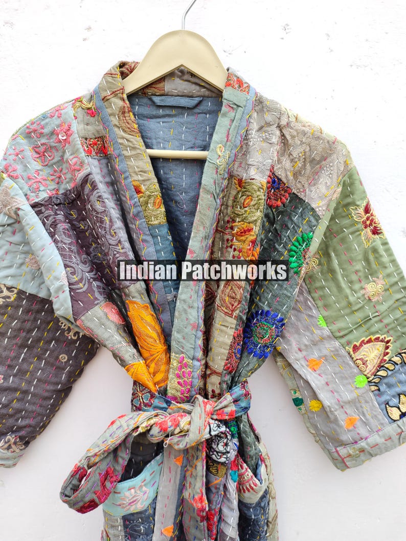 Cotton Patchwork Kantha Kimono Hand Embroidery Khambadia Kimono Jacket| Patchwork Cotton Kimono | Kimono Jacket | Unisex Kantha HouseRobe image 3