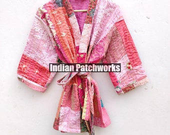 Kort Kantha-gewaad Vintage Kantha-kimono met handborduurwerk Khambadia-kimonojasje| Katoenen patchworkkimono | Uniseks kantha-gewaad kimonojack