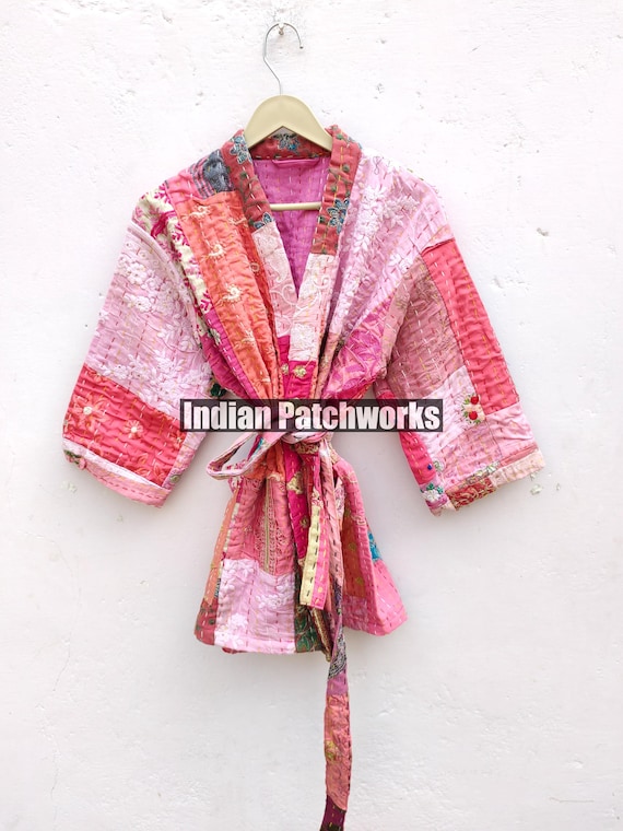 Short Kantha Robe Vintage Kantha Kimono Hand Embroidery Khambadia Kimono Jacket| Patchwork Cotton Kimono | Kimono Jacket Unisex Kantha Robe