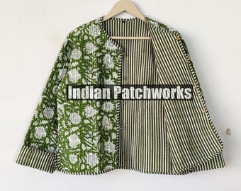 Cotton Quilted Jacket: Green Boho Patchwork Handmade Coat