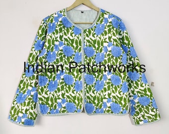 New Printed Jacket, Cotton Quilted Handmade Cotton Floral Jacket Reversible Strip Quilted Cotton Jacket Party Wear Gift For Women's