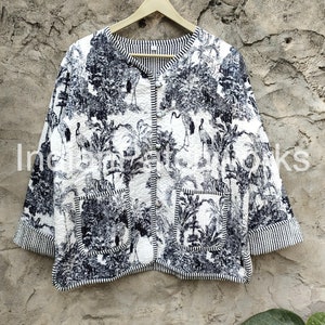 Quilted Jacket Short kimono Women Wear New Style Black and white Flower Coat Indian Hand Block Print Fabric image 6