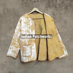 Indian Hand Block Print Fabric Quilted Jacket Short kimono Women Wear New Style white Flower Coat gift for her.