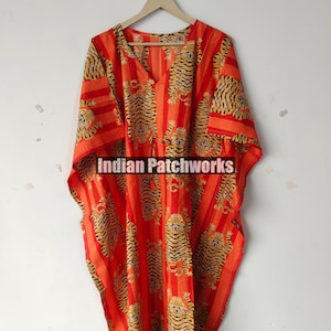 Tiger Print Baumwolle Kaftan: Hand Block Print Maxikleid, Plus Größe