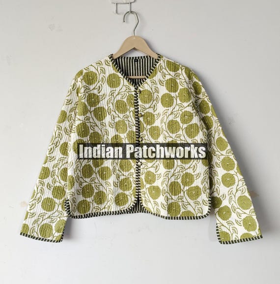 Hand Block Flower Print Winter Jacket Woman's Clothing Jacket, Short Kantha Jacket, Indian Kantha Jacket, Cotton Quilted Coat, Boho, Hippie,