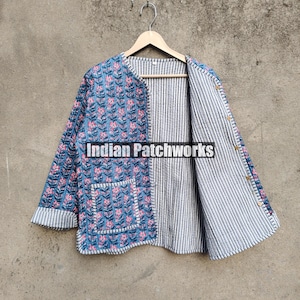 Cotton Women&#39;s Quilted Jacket Block Printed Boho Style Quilted Handmade Jackets, Coat Holidays Gifts Button Closer Jacket for Women Gifts