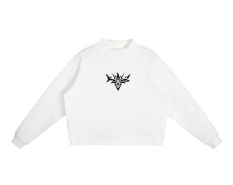 White Tribal Symbol Sweatshirt, Minimalist Black Logo Crewneck, Modern Streetwear Pullover