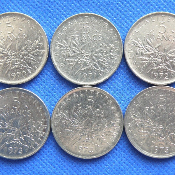 FRANKREICH MÜNZENGRUPPE - Date Run - 6 x 5 Francs Münzen - 1970 bis 1975 - Kupfer-Nickel - Seed Thrower - Französische Prä-Euro-Währung (RR06)