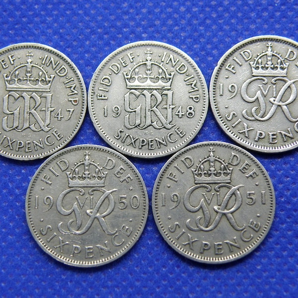 SIXPENCE COINS - Date Run  1947 19148 1949 1950 1951 - King George VI Sixpence Coins - 5 x Lucky Sixpence Coins. Bride Wedding. (OS01)