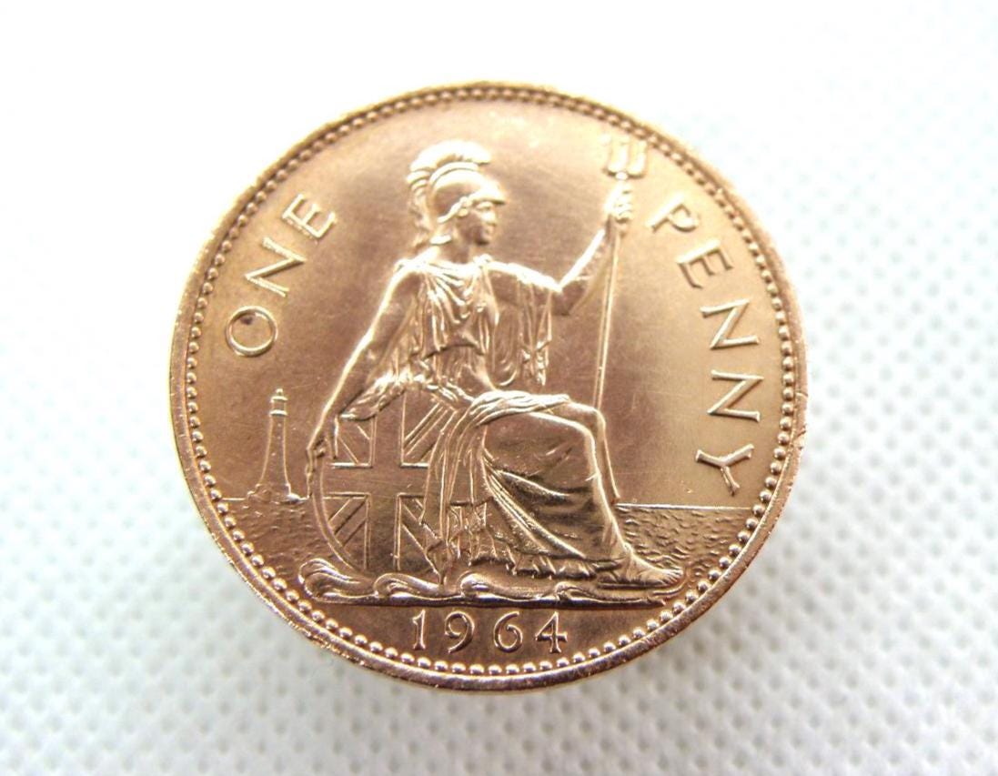 1964 BRITISH PENNY Coin - Queen Elizabeth II - Genuine Bronze 1d
