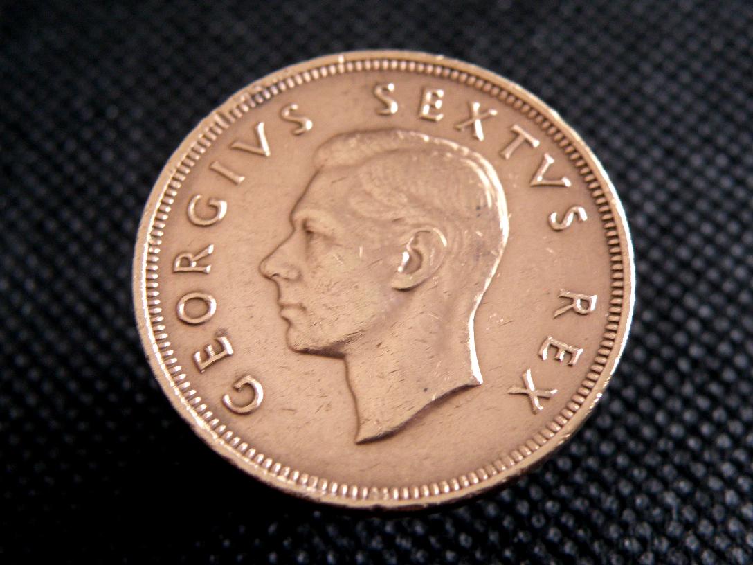 1952 South Africa Penny Coin: King George VI, Sailing Ship Design