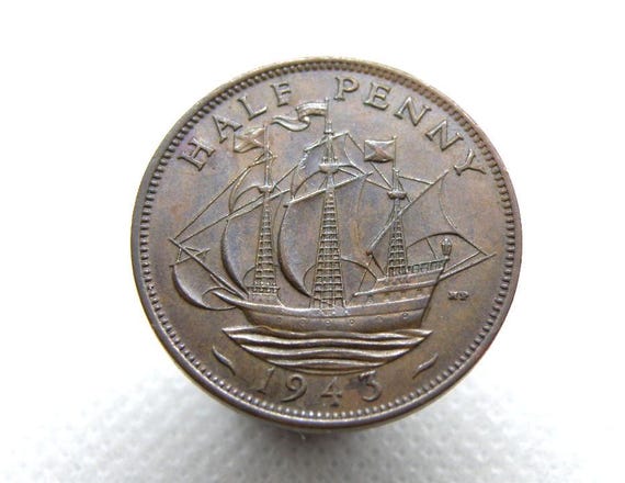 1943 HALFPENNY COIN - King George VI - British Bronze 1/2d Coin