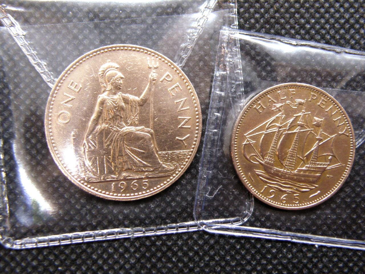 Genuine 1965 British HALFPENNY & PENNY COINS - Vintage Old 1/2d