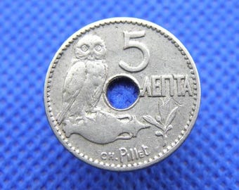 1912 GREECE COIN - 5 LEPTA - Genuine Vintage Greek Coin - European - Owl on Amphora Design (XY08.2)