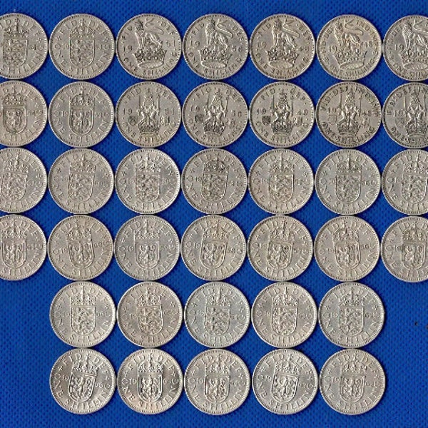 38 x SHILLING COINS - 1947 to 1966 - Complete Date Run English & Scottish Designs - Genuine British Coins. Birthday Anniversary Gift (OS01)