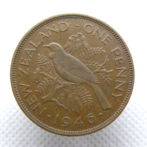 Moneta da un centesimo della Nuova Zelanda del 1950 - Disegno di un uccello Tui su un ramo - Moneta autentica del Commonwealth della Nuova Zelanda emessa da Re Giorgio V - Moneta in bronzo (WO14)