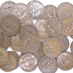 May include: A collection of 20 copper-colored British half-penny coins featuring the image of a ship. The coins are dated 1948 and 1957.