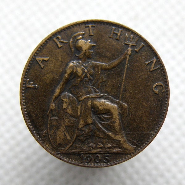 1905 FARTHING COIN - British 1/4 Penny Coin. King Edward VII. Good Grade Coin. Portrait / Seated Britannia. Birthday Present GiftGift (UX01)