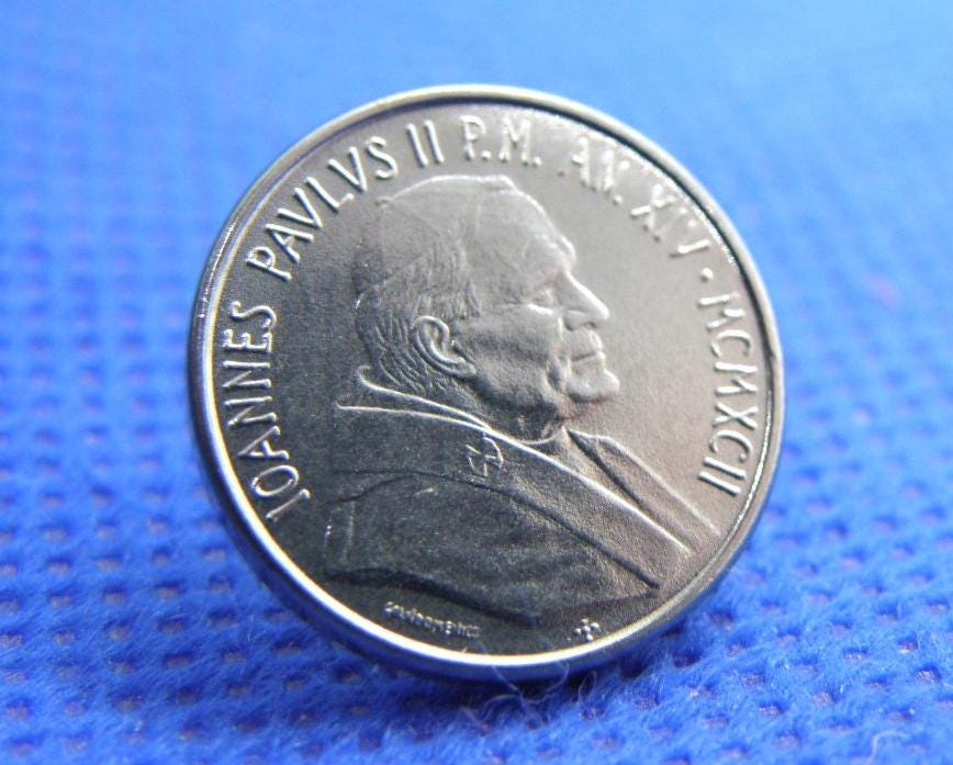 バチカン - 本物 1992年 - 50 リラ硬貨 - 教皇ヨハネ・パウロ2世