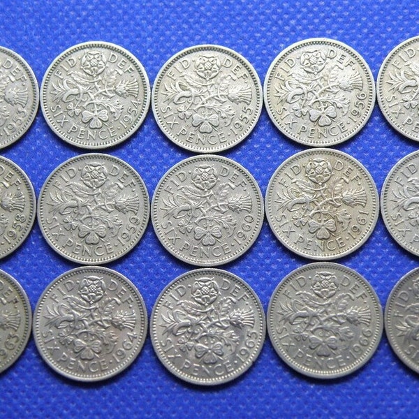 SIXPENCE COIN SET - Genuine Queen Elizabeth I I Sixpence Coins - Coronation Year 1953 to 1967. 15x Lucky Sixpence Coins. Wedding. (OS01)